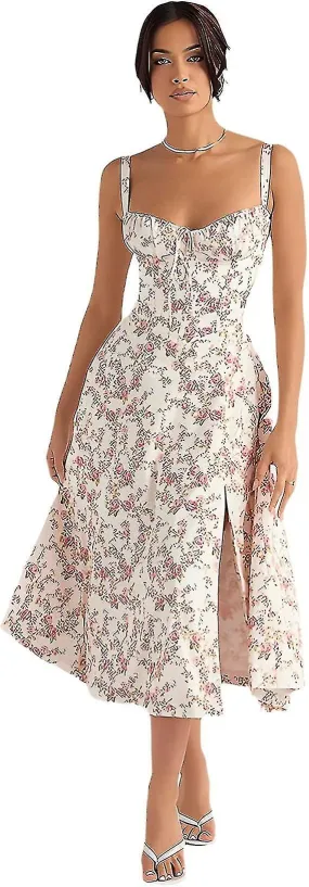 2023 New Women Floral Corset Midi Dress, Summer Boho Square Neck Sleeveless Flowy Slit Lace Up Print Fitted Bustier Sundress.