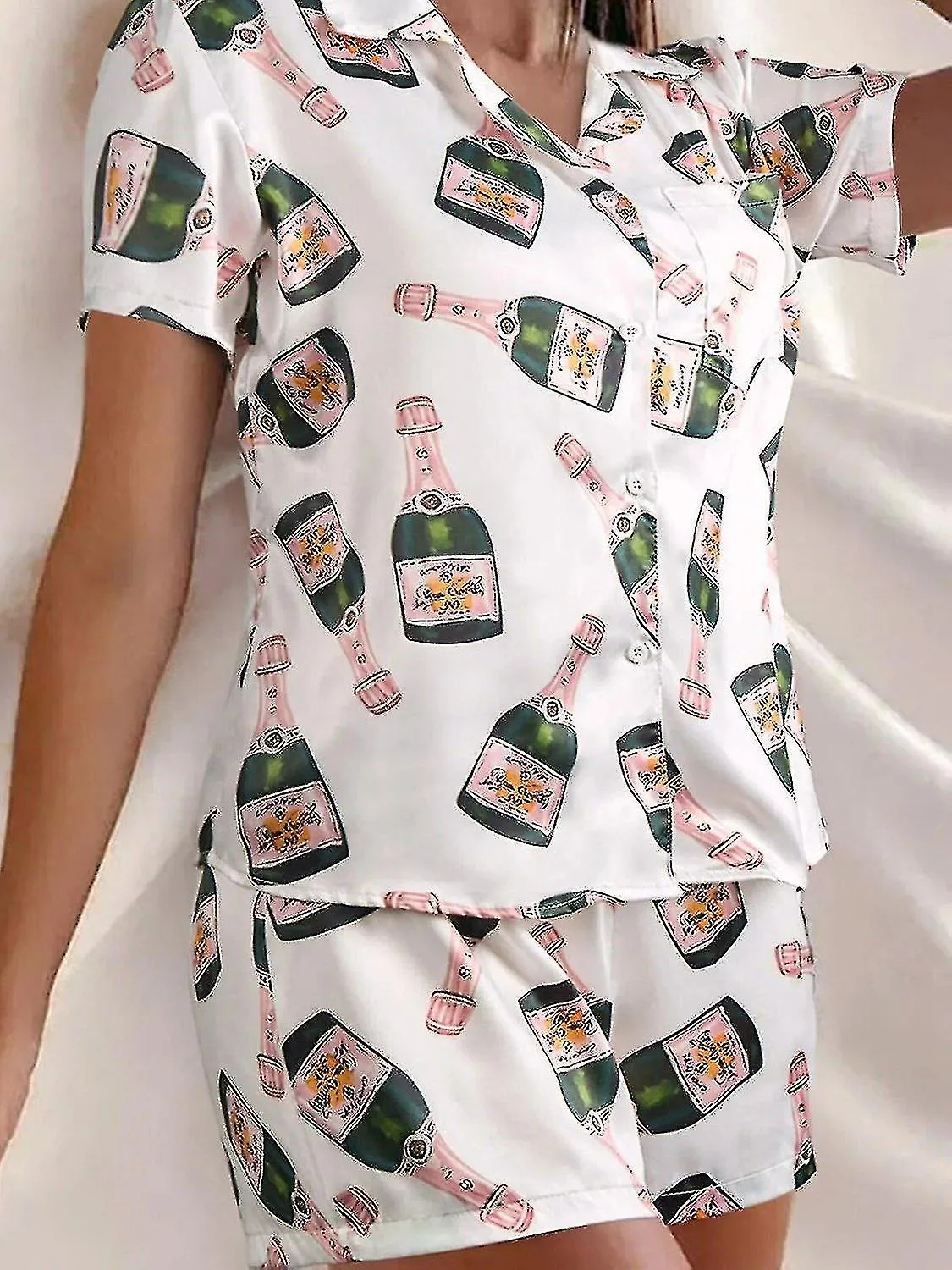 Champagne Bottles Button Pajama Set Women Printed Short Sleeve 2 Pieces Soft Loose Casual Sleepwear  TA