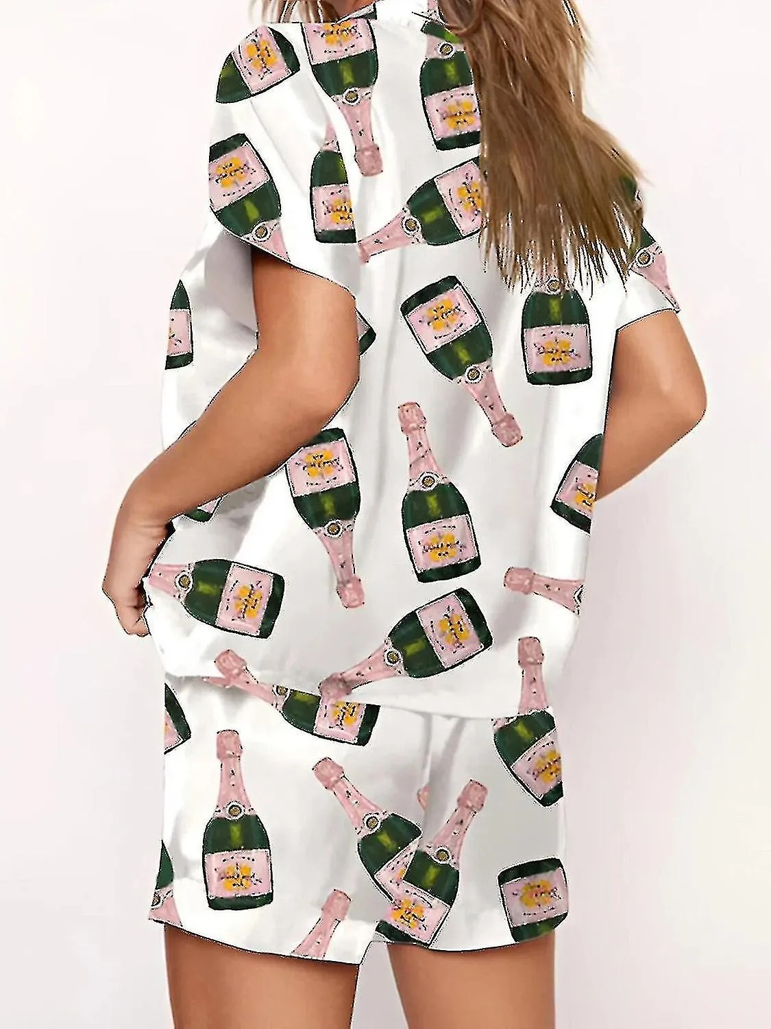 Champagne Bottles Button Pajama Set Women Printed Short Sleeve 2 Pieces Soft Loose Casual Sleepwear  TA