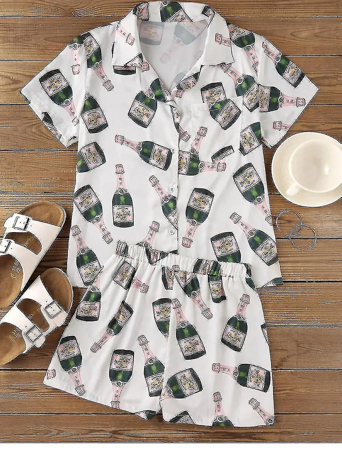 Champagne Bottles Button Pajama Set Women Printed Short Sleeve 2 Pieces Soft Loose Casual Sleepwear  TA