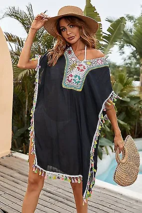 Crochet Bikini Bikini Cover Up With Fringe Trim Women Sexy Hollow Tunic Beach Dress Summer Bathing Suit Beachwear