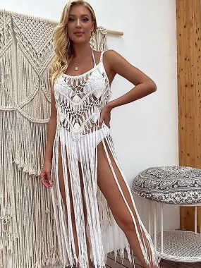 Crochet Bikini Boho Cover Up Sexy Hollow Fringe Hem Beach Dress Summer Women Bathing Suits Beachwear Tunics Skirt