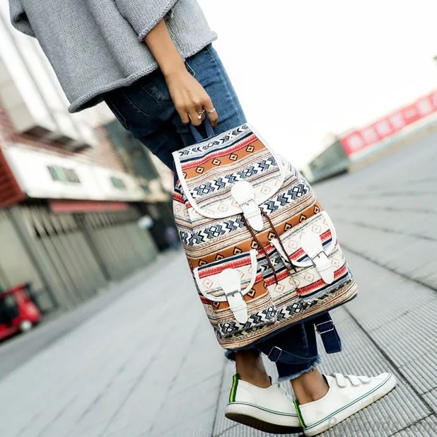 Folk Girls Canvas Geometric Totem Two Pockets Belt Flap Drawstring School Backpack Travel Backpack
