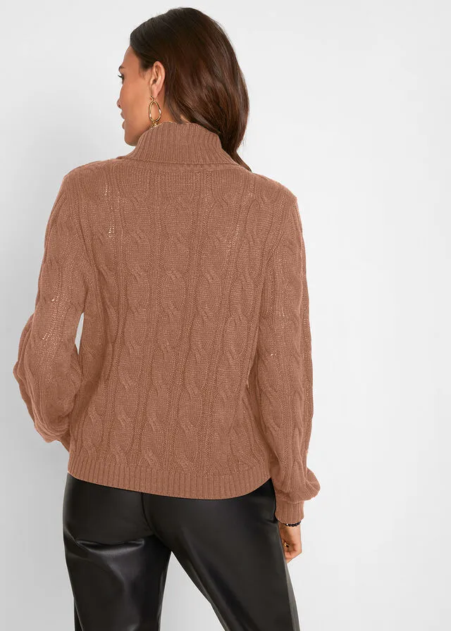 Jersey de cuello vuelto con patrón trenzado Camel