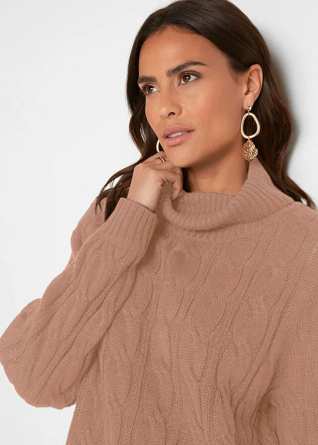 Jersey de cuello vuelto con patrón trenzado Camel