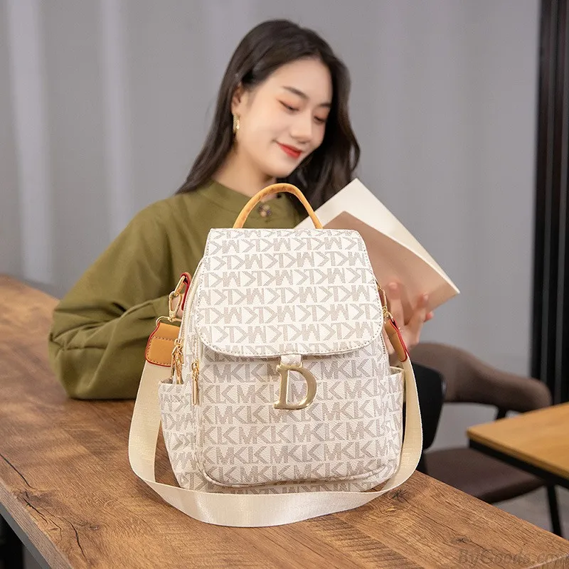 Leisure Letter Printing Backpack For Women Metal D Decor Soft PU Leather Multifunction Shoulder Bag Backpack