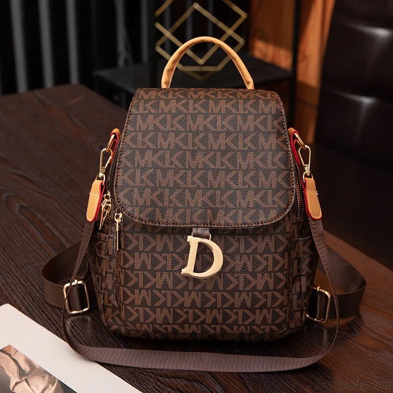 Leisure Letter Printing Backpack For Women Metal D Decor Soft PU Leather Multifunction Shoulder Bag Backpack