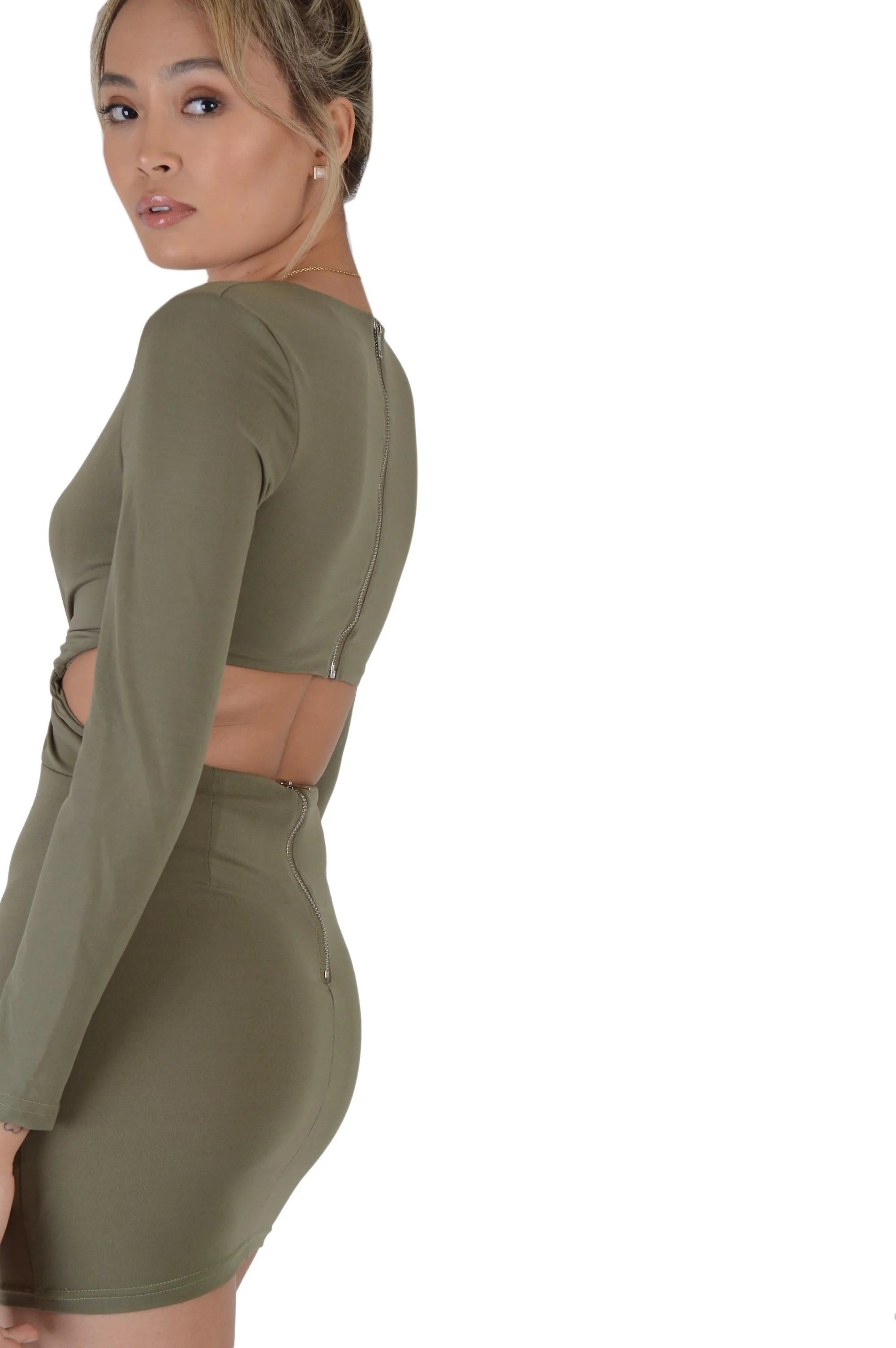 LMS manga larga verde caqui Bodycon vestido con toque y corte