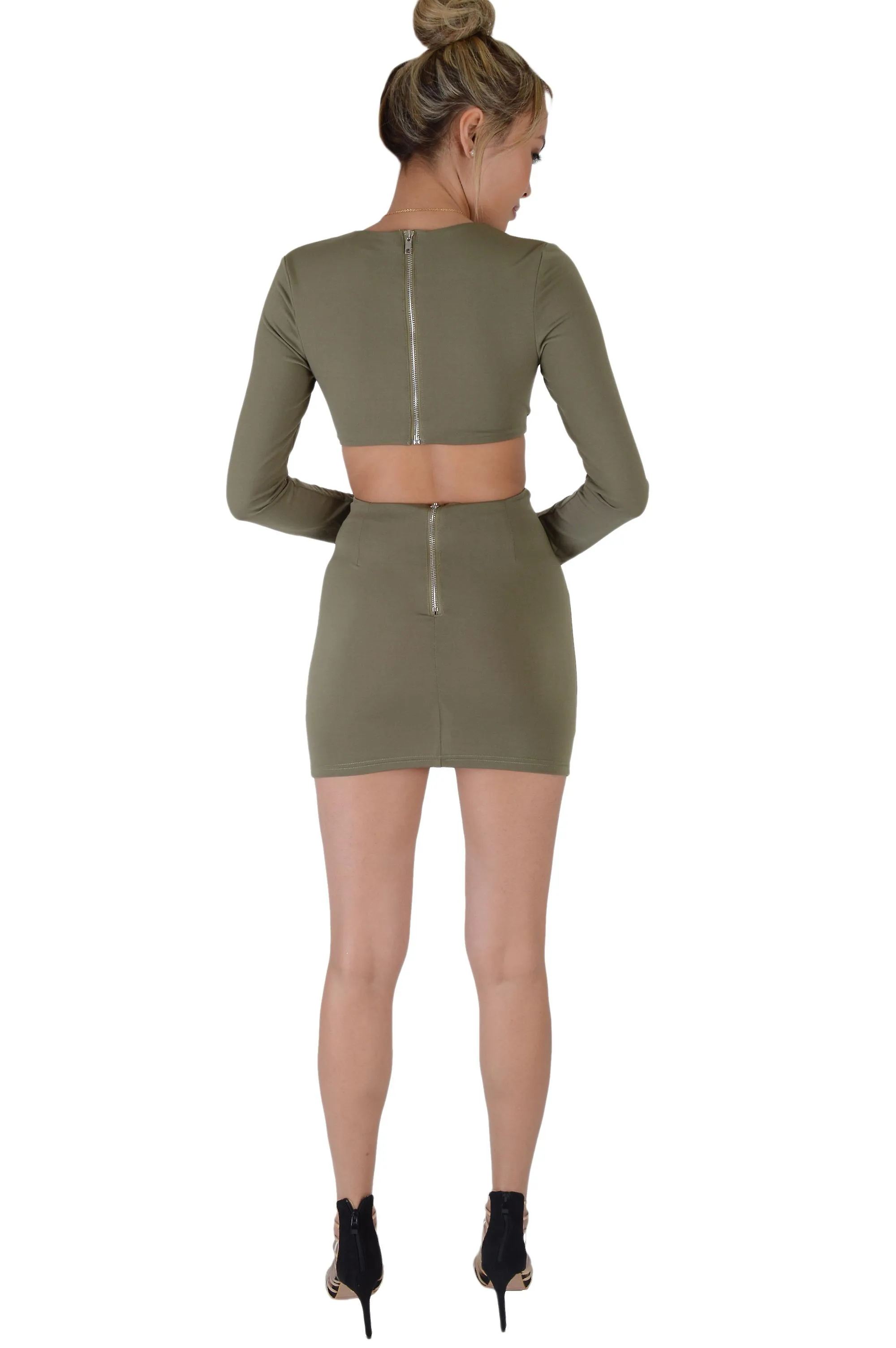 LMS manga larga verde caqui Bodycon vestido con toque y corte