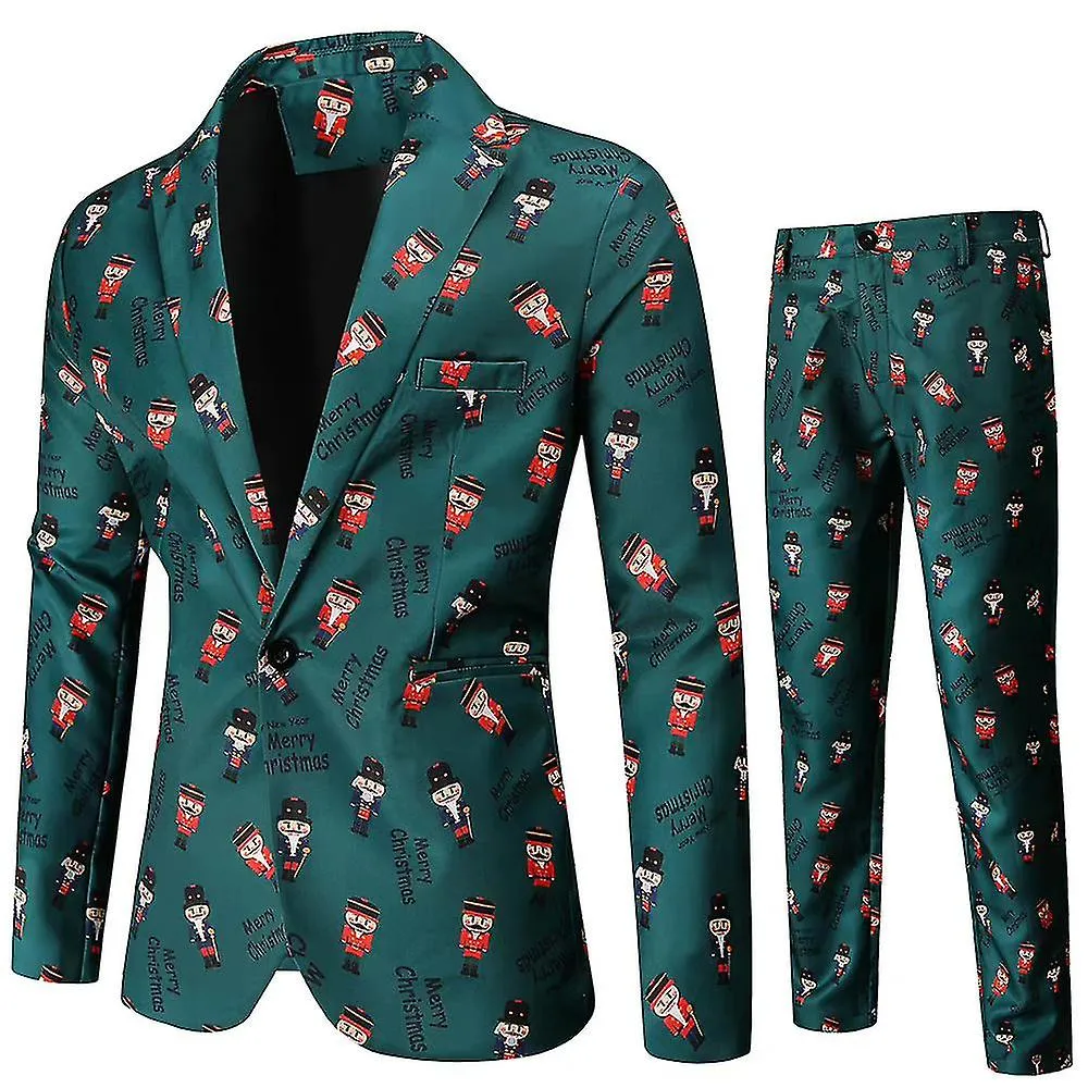 Men Christmas Printed Smart 2 Pieces Suit Set Blazer Jacket Trousers Xmas Party Outfit Plus Size