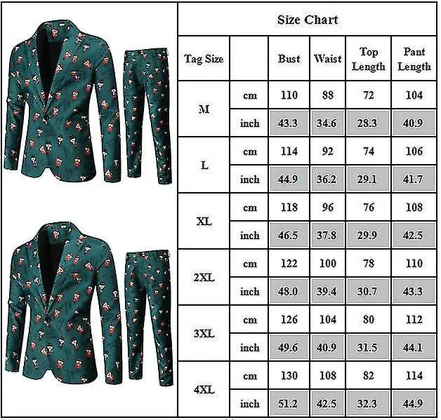 Men Christmas Printed Smart 2 Pieces Suit Set Blazer Jacket Trousers Xmas Party Outfit Plus Size