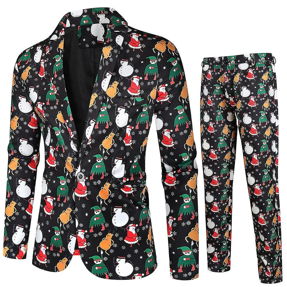 Men Christmas Printed Smart Suit Set Slim Fit Tuxedo 2 Pieces Blazer Jacket Trousers Xmas Party Outfit