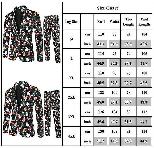 Men Christmas Printed Smart Suit Set Slim Fit Tuxedo 2 Pieces Blazer Jacket Trousers Xmas Party Outfit