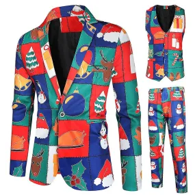 Men's Suit Elk Snowman Printed Business Party Suit Slim Fit Vest Blazer Jacket Pants Set