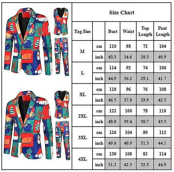 Men's Suit Elk Snowman Printed Business Party Suit Slim Fit Vest Blazer Jacket Pants Set