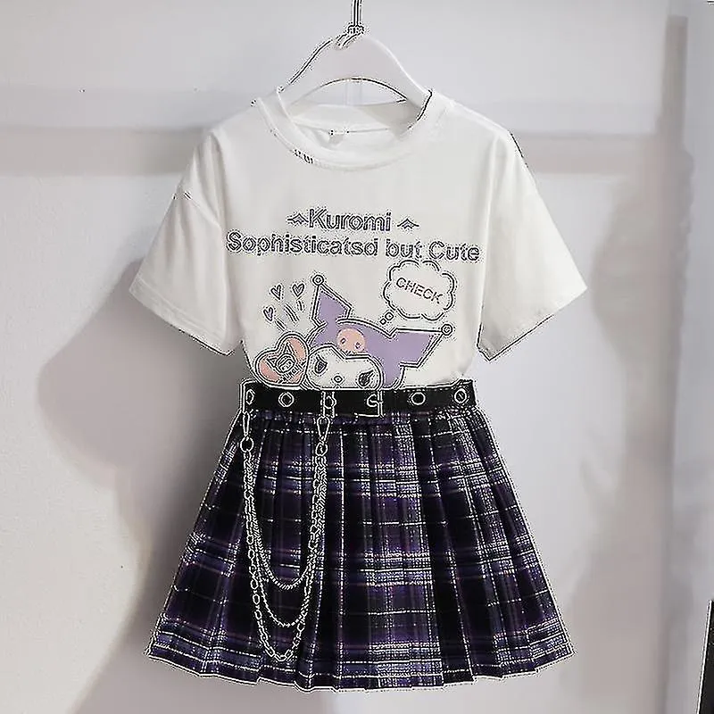 Sanrios Cartoon Kawaii Girls White T-shirt Suit Kuromi Cute Summer Short Sleeve College Jk Uniform Skirt Kids Fashionable Skirt