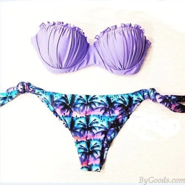 Sexy Women Bikini Coconut Tree Printed Purple Bra Swimwear Beachwear