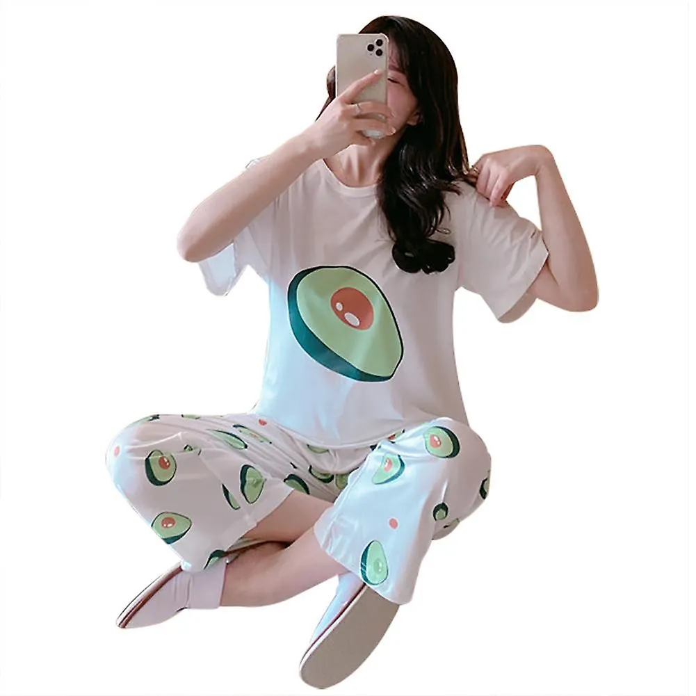 Women Pineapple Avocado Fruit Loose Short Sleeve T-shirt Top Pants Pajama Set