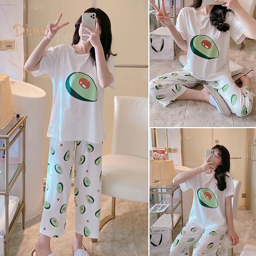 Women Pineapple Avocado Fruit Loose Short Sleeve T-shirt Top Pants Pajama Set