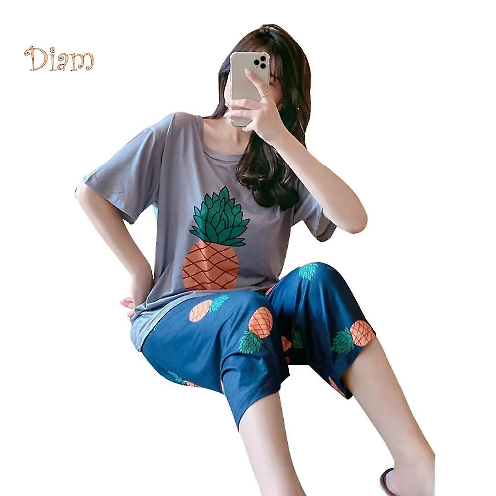 Women Pineapple Avocado Fruit Loose Short Sleeve T-shirt Top Pants Pajama Set