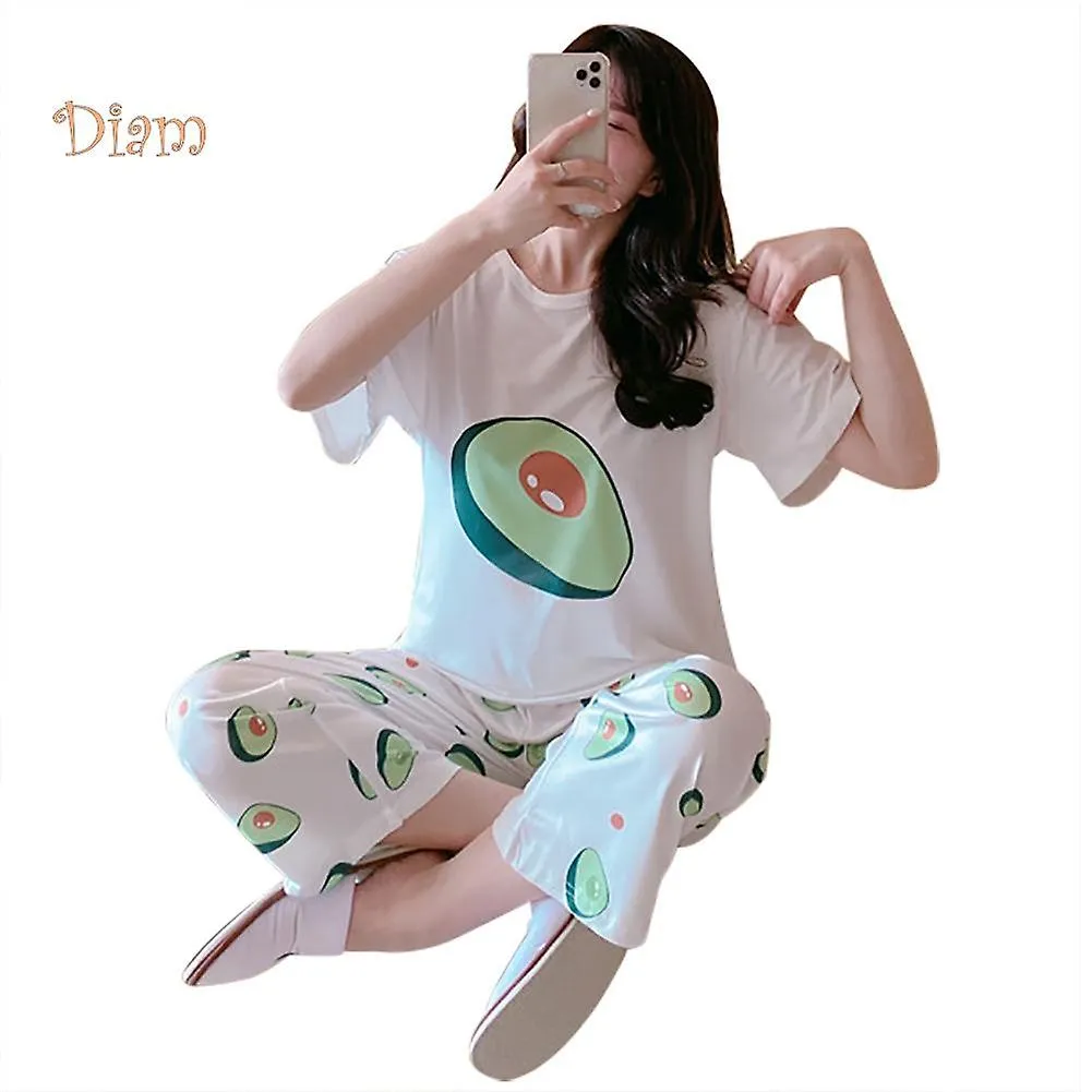 Women Pineapple Avocado Fruit Loose Short Sleeve T-shirt Top Pants Pajama Set