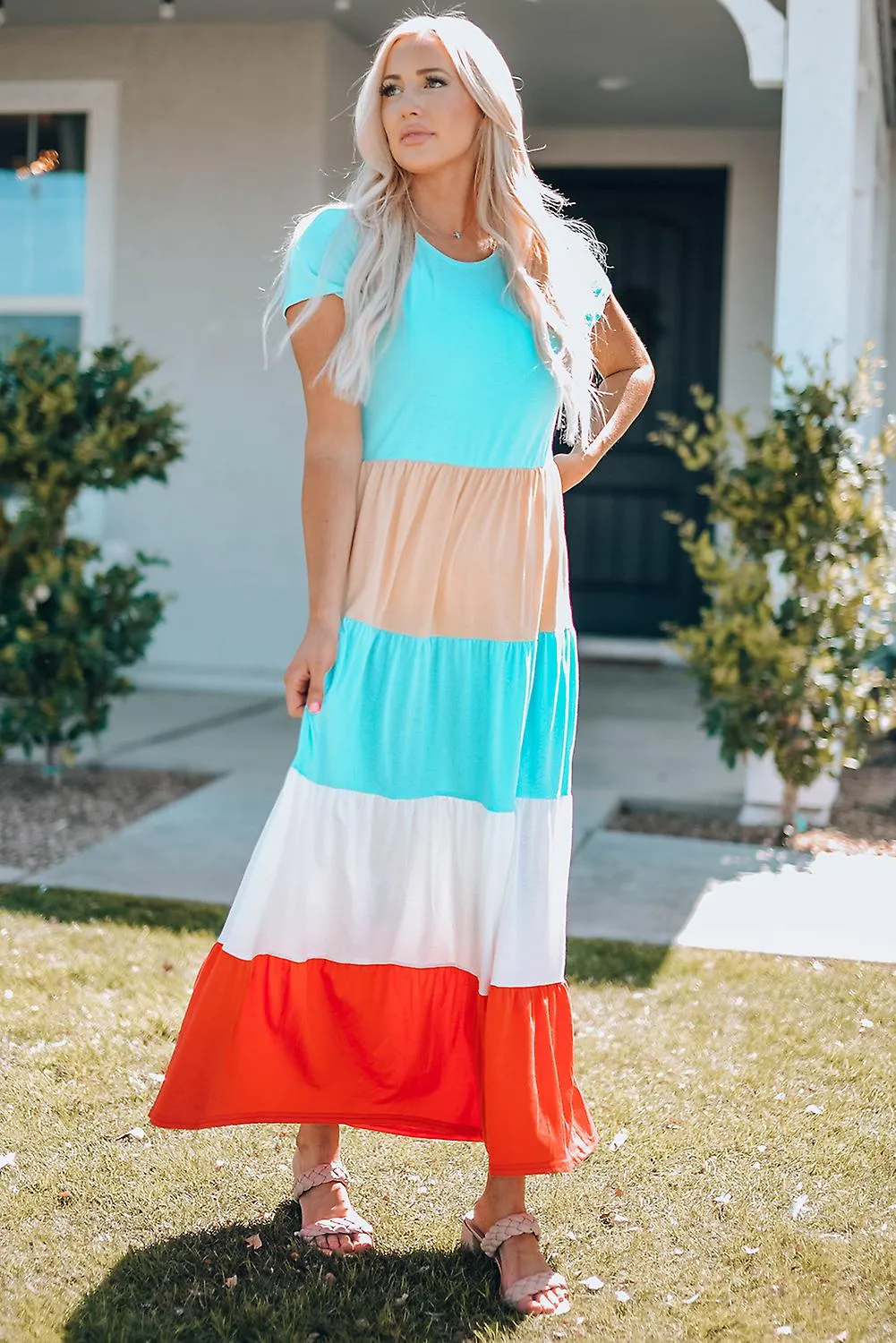 Women's Family Matching Short Sleeve Color Block Adult Maxi Dress