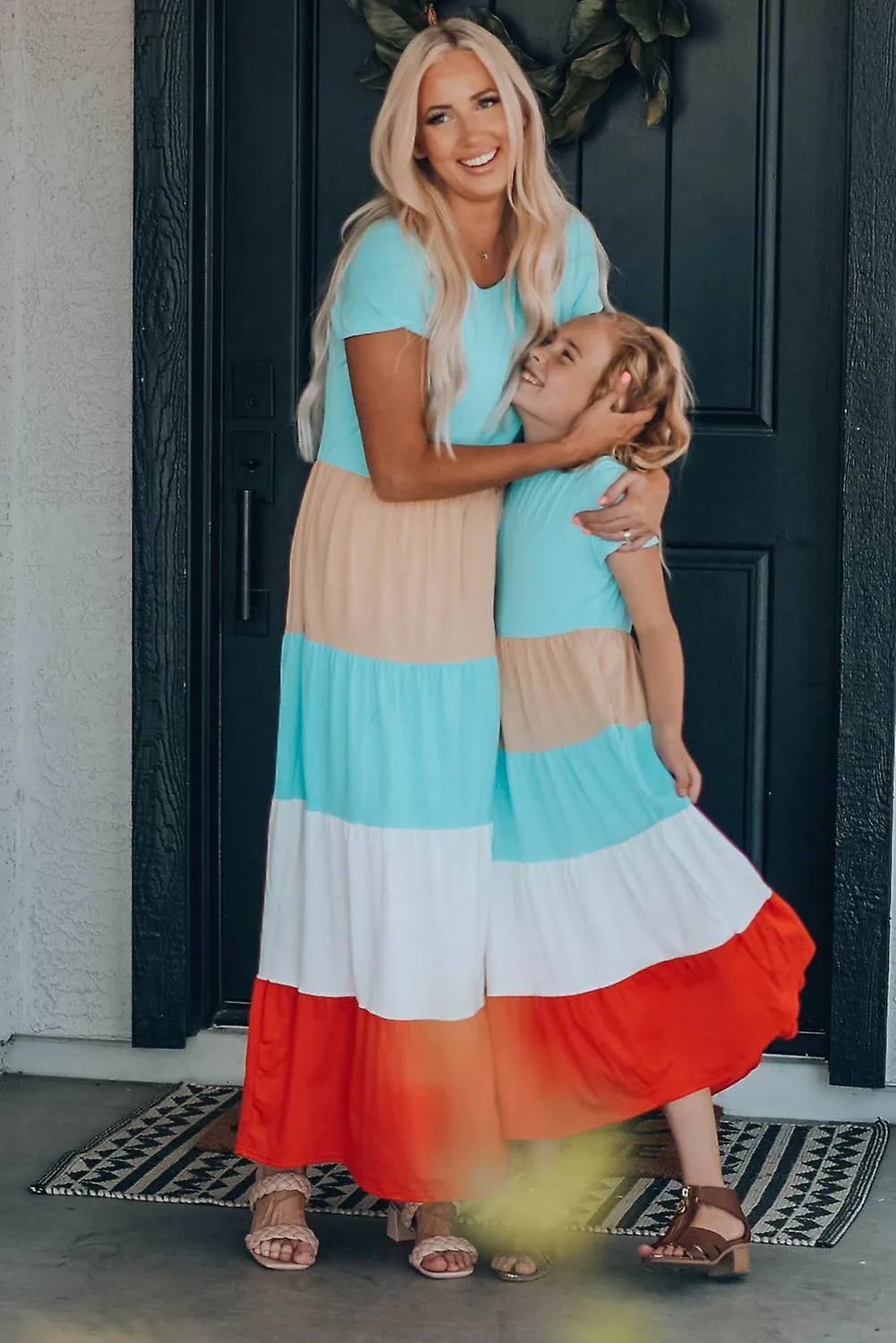 Women's Family Matching Short Sleeve Color Block Adult Maxi Dress