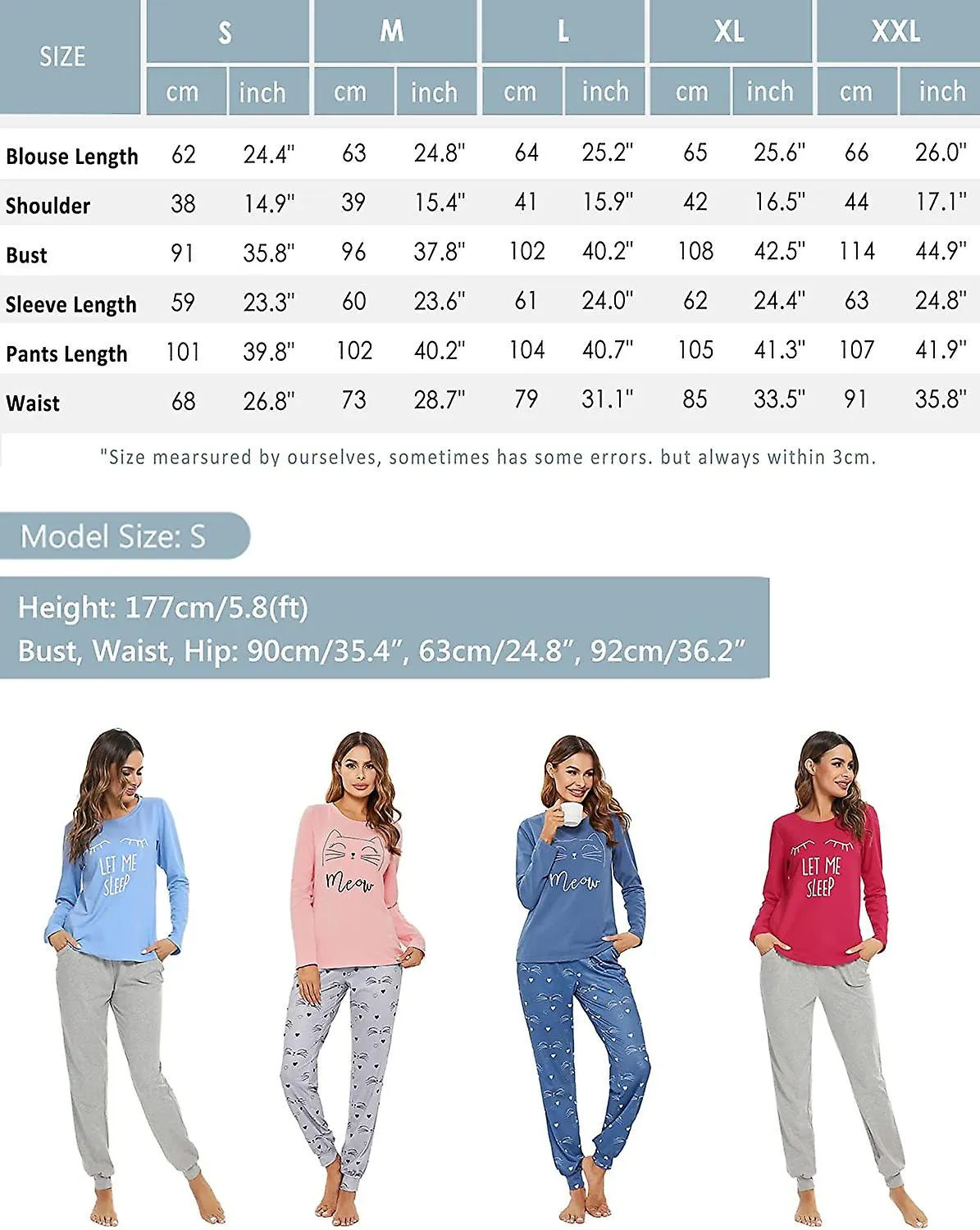 Women's Pyjama Set Cotton Winter Ladies Pyjamas Long Sleeve Sleepwear Set Cute