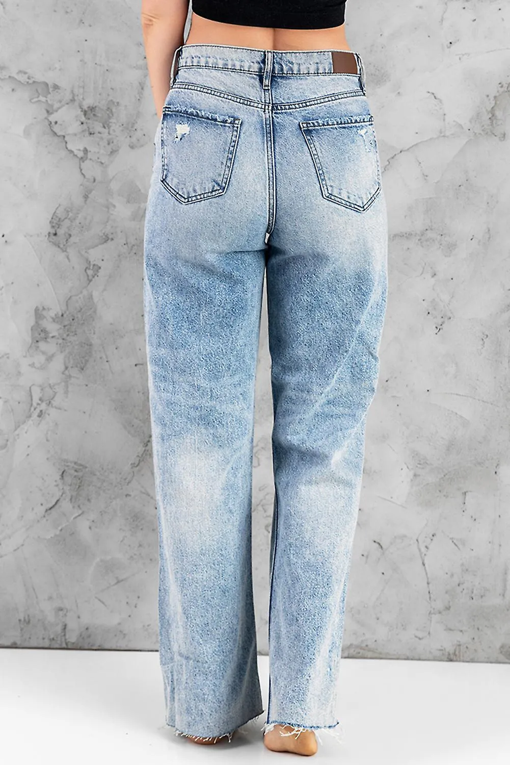 Women's Sky Blue Distressed Hollow-out Knees Wide Leg Jeans