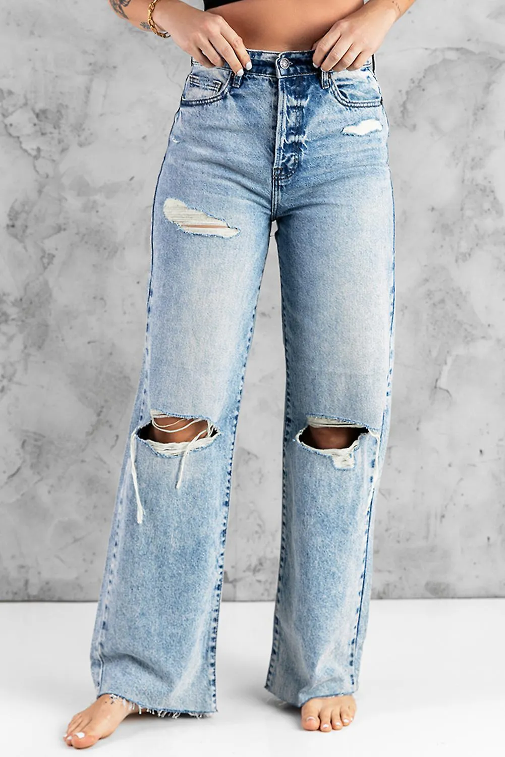 Women's Sky Blue Distressed Hollow-out Knees Wide Leg Jeans