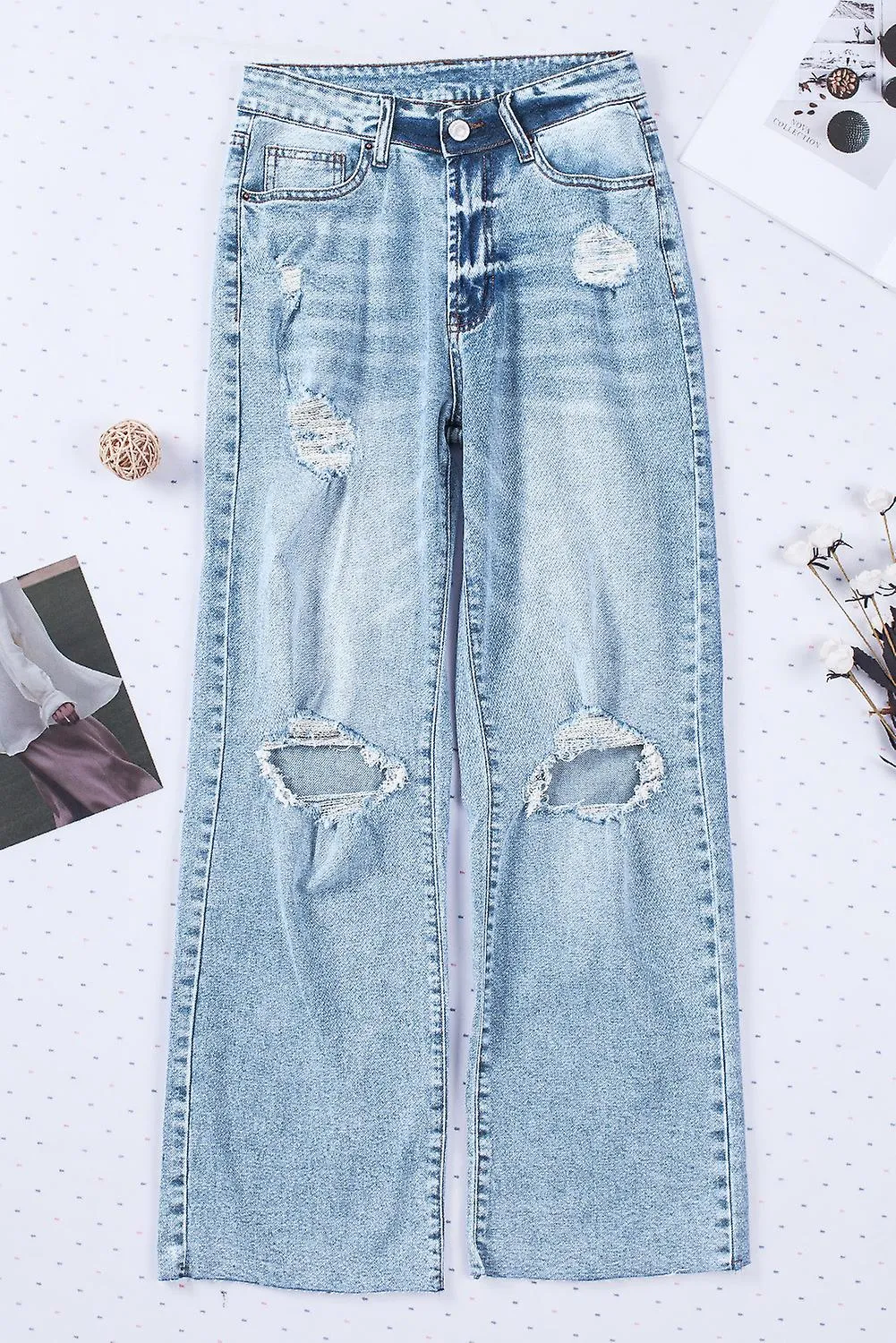 Women's Sky Blue Distressed Hollow-out Knees Wide Leg Jeans