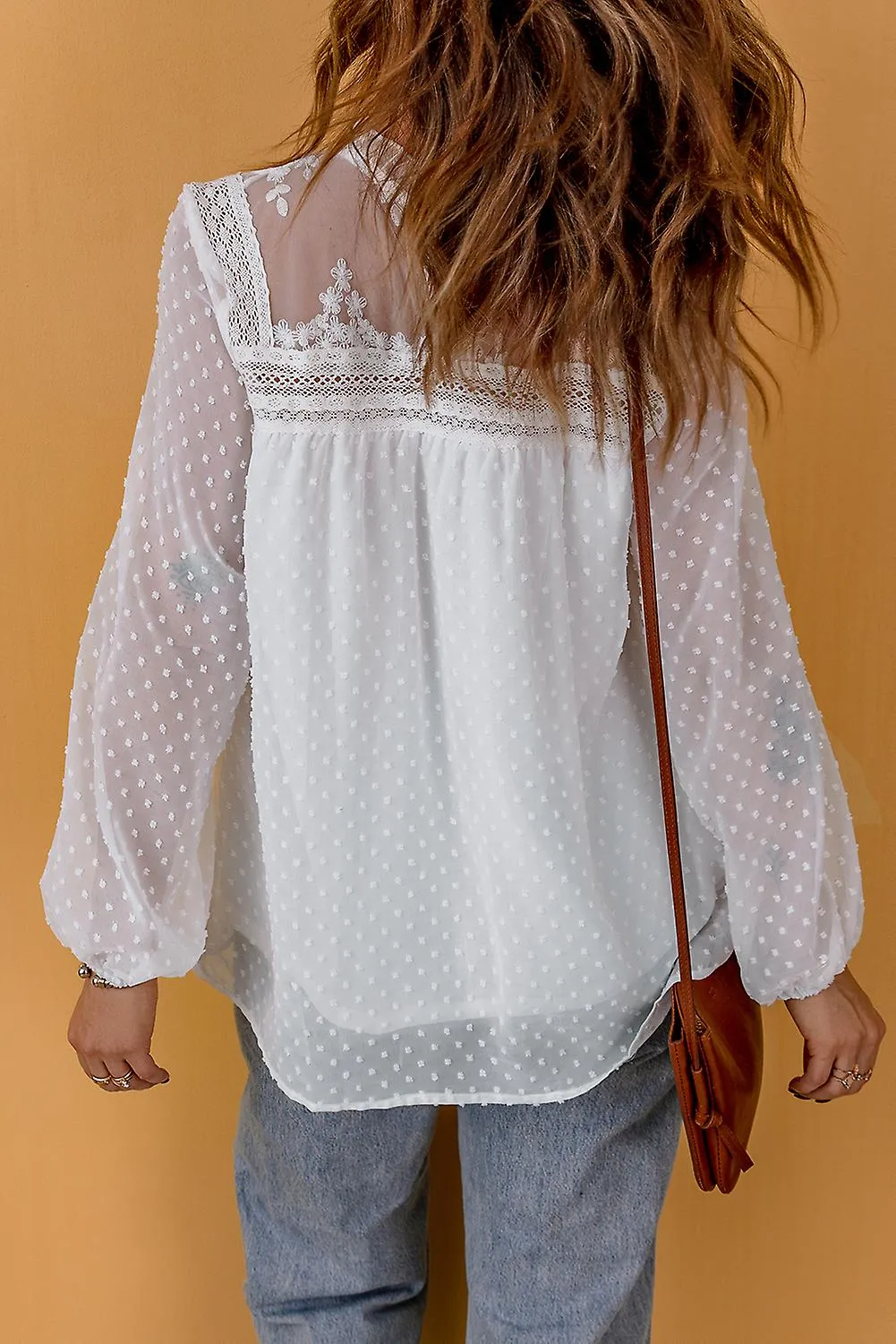 Women's White Frill Neck Swiss Dot Puff Sleeve Blouse