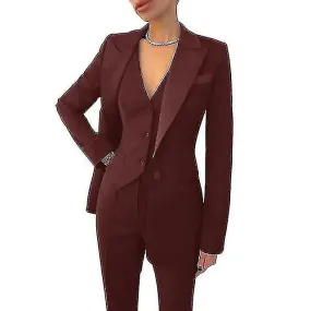 Womens Suit 3-piece Business Formal Work Wear Office Pants Set Ladies Jacket Casual Blazer+pants+vest15colors)-L-Claret