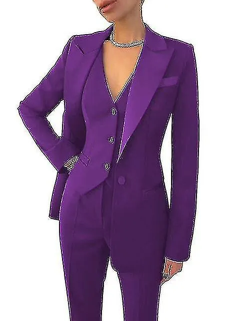 Womens Suit 3-piece Business Formal Work Wear Office Pants Set Ladies Jacket Casual Blazer+pants+vest15colors)-L-purple