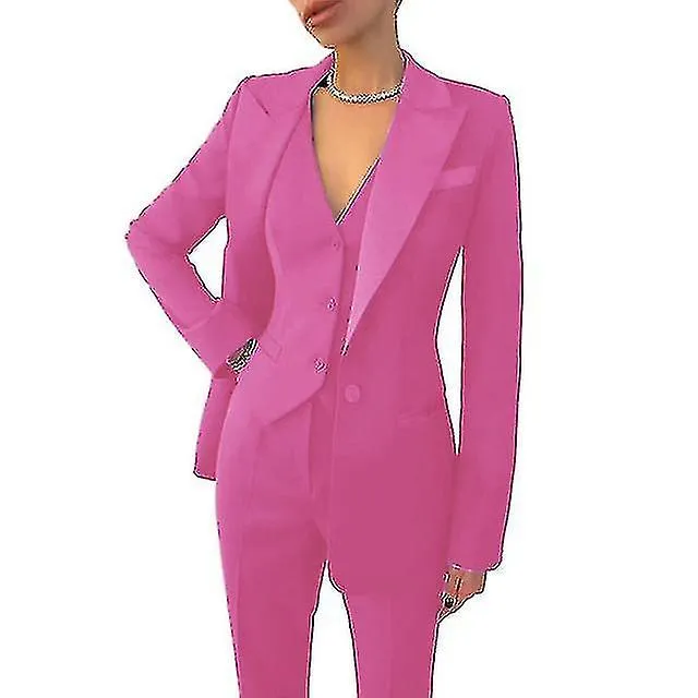 Womens Suit 3-piece Business Formal Work Wear Office Pants Set Ladies Jacket Casual Blazer+pants+vest15colors)-XXL-Pink