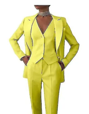 Womens Suit 3-piece Business Formal Work Wear Office Pants Set Ladies Jacket Casual Blazer+pants+vest15colors)-XXL-Yellow