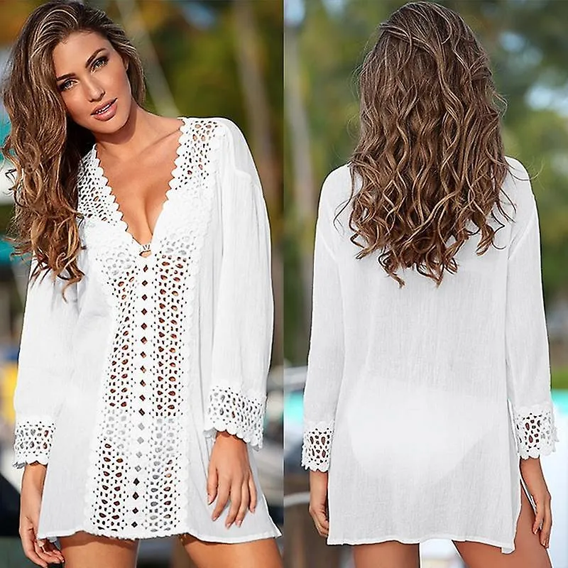 Zomer Sexy Vrouwen Cover Ups Lace Haak Bikini Witte Blouse Hollow Out V-hals Beach Cover-up Swim Wear